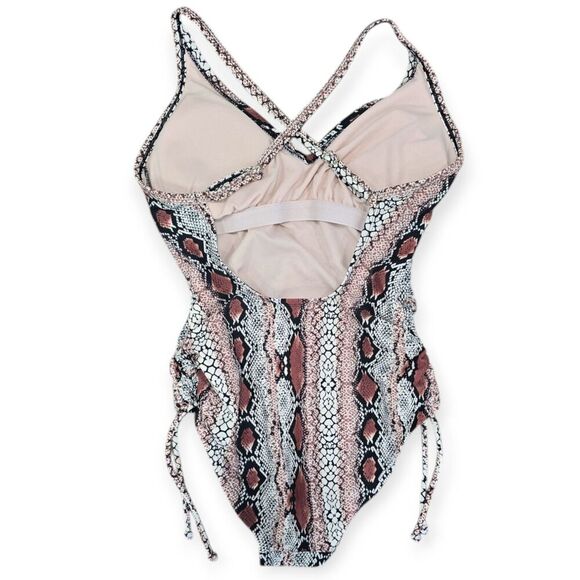 Kona Sol Size Small One Piece Swimsuit Tan Animal Print Snake Cross Back Cinched - Picture 2 of 3